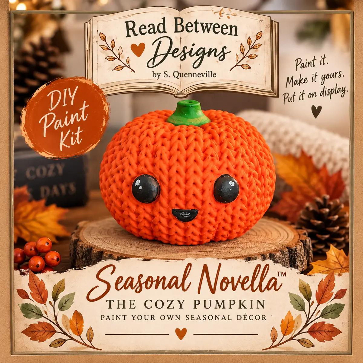 Seasonal Novella The Cozy Pumpkin DIY paint kit featuring a painted orange pumpkin on a rustic autumn display
